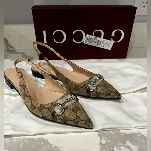 Like New Gucci GG Monogram Horsebit Slingback Flats pointed Size 37.5 - Picture 3 of 15